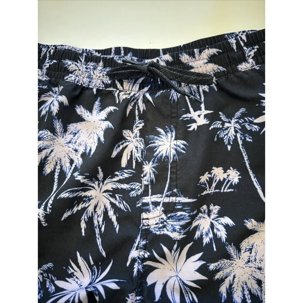 Quicksilver Swimsuit Men’s XXL Black With Lavender Palms Elastic Waist Pockets